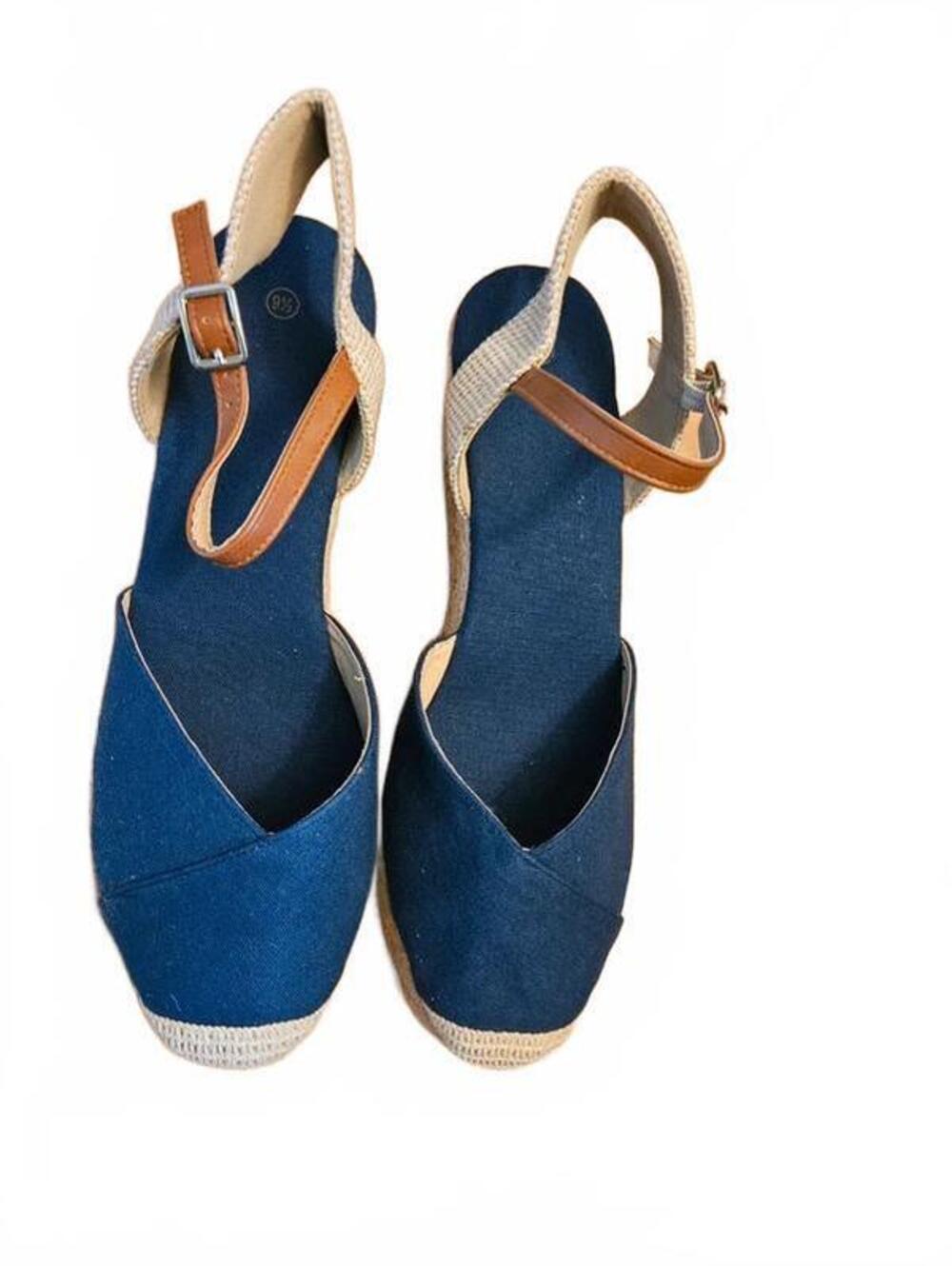 Navy Blue Espadrille Wedge Sandals Ankle Strap Jute Rope Heel Size 9.5 Like New